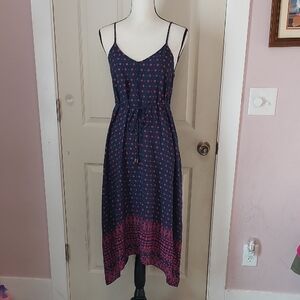 Wendy Bellissimo Navy Pink Floral Print Belted Tank Sundress Midi Dress